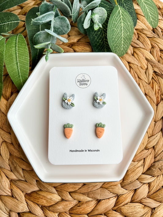 Gray/White Floral Bunny + Carrot Stud Pack