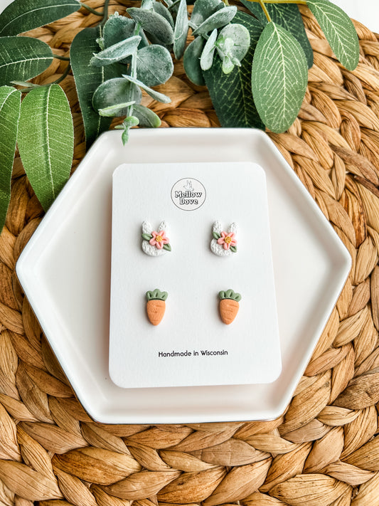 White/Pink Floral Bunny + Carrot Stud Pack