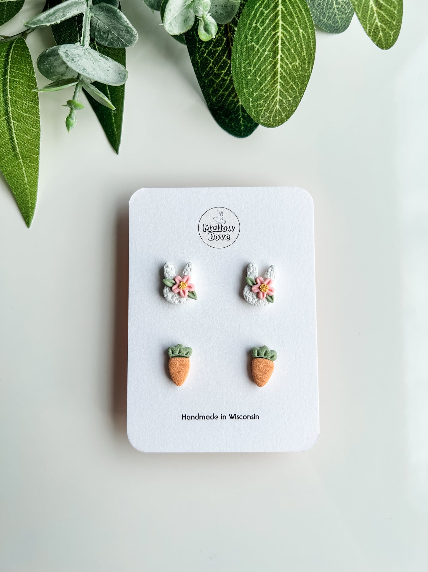 White/Pink Floral Bunny + Carrot Stud Pack
