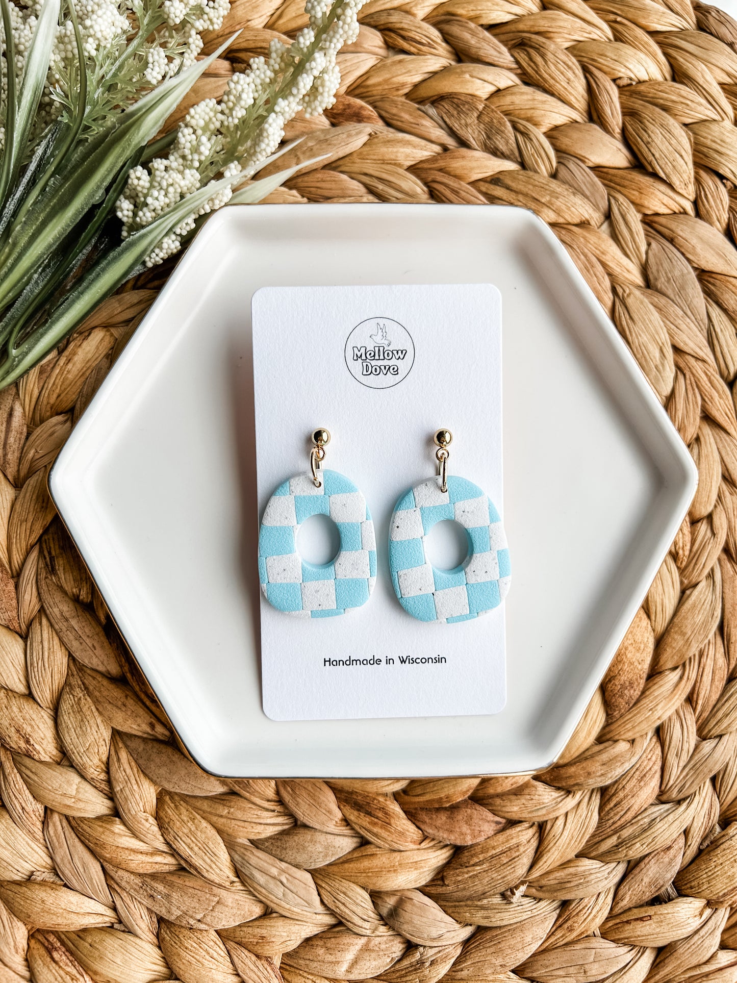 Aqua Checkered Oval Earrings