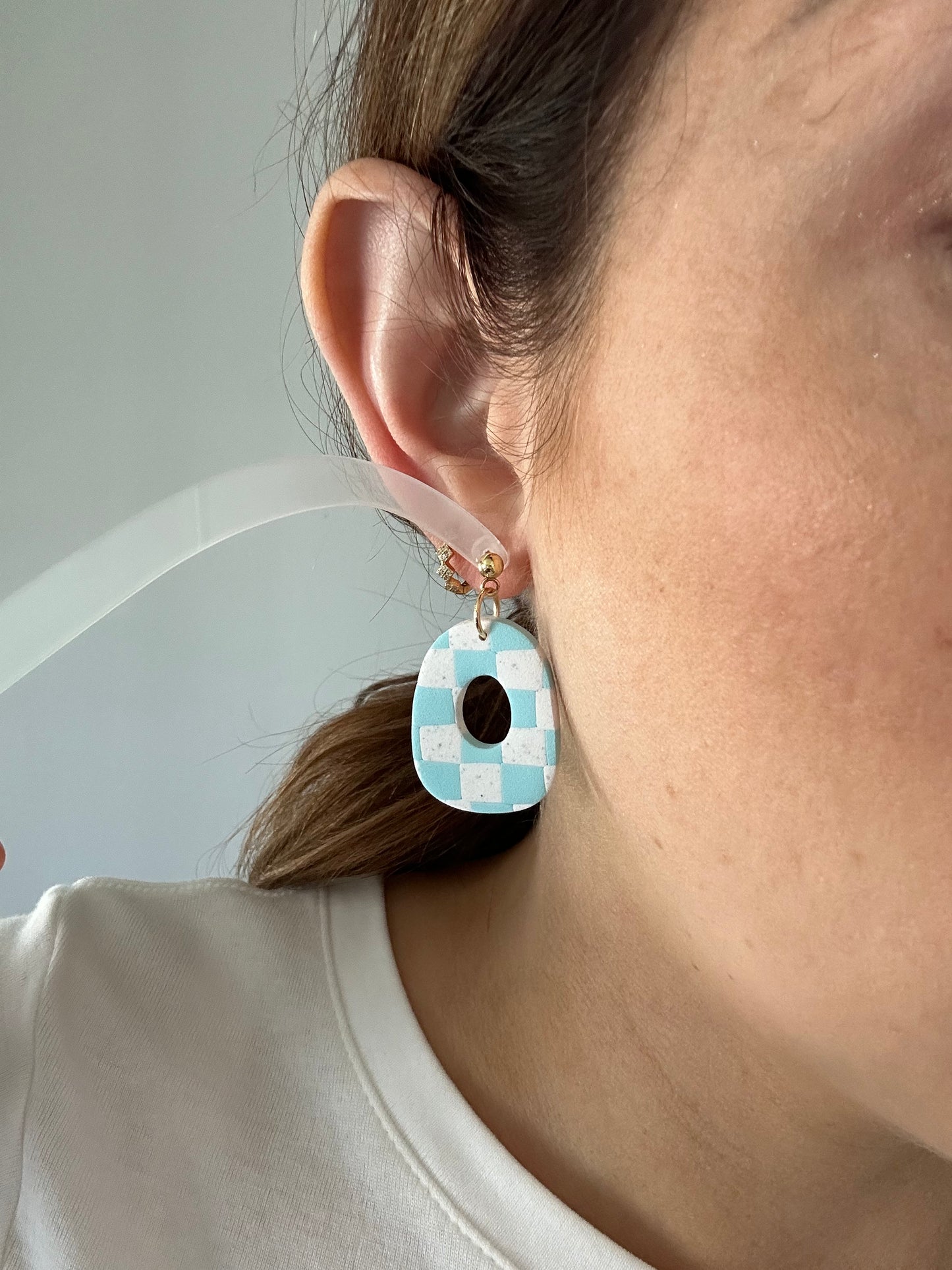 Aqua Checkered Oval Earrings
