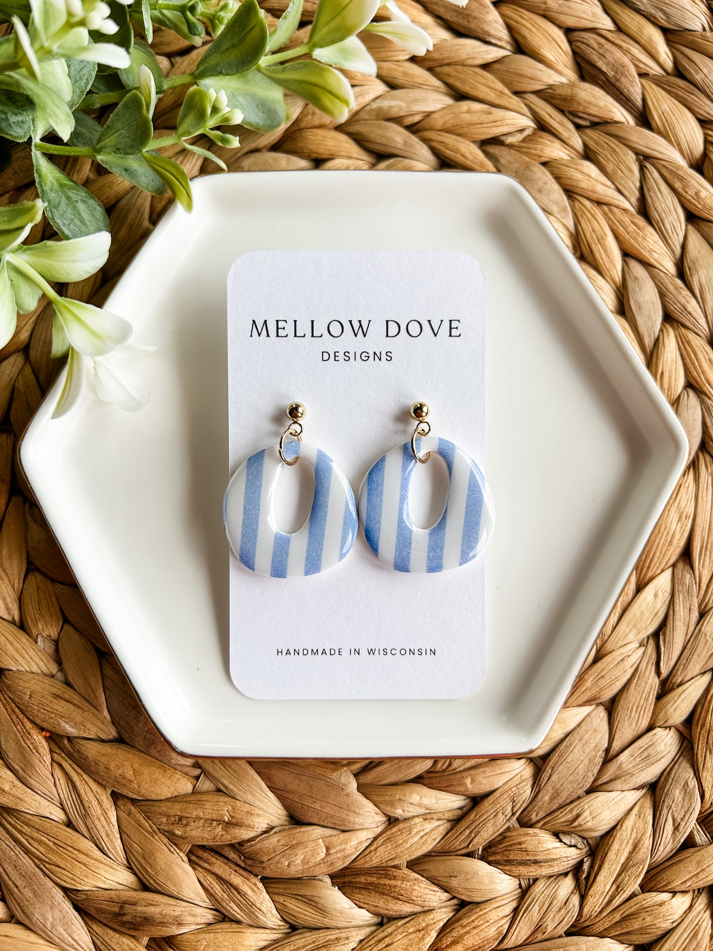Organic Circle Dangles | White + Blue Stripes