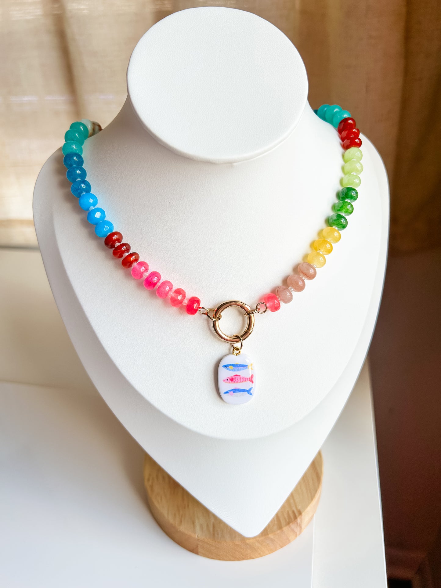 Gemstone Carabiner Necklace | Rainbow Quartz | Fish Trio Charm
