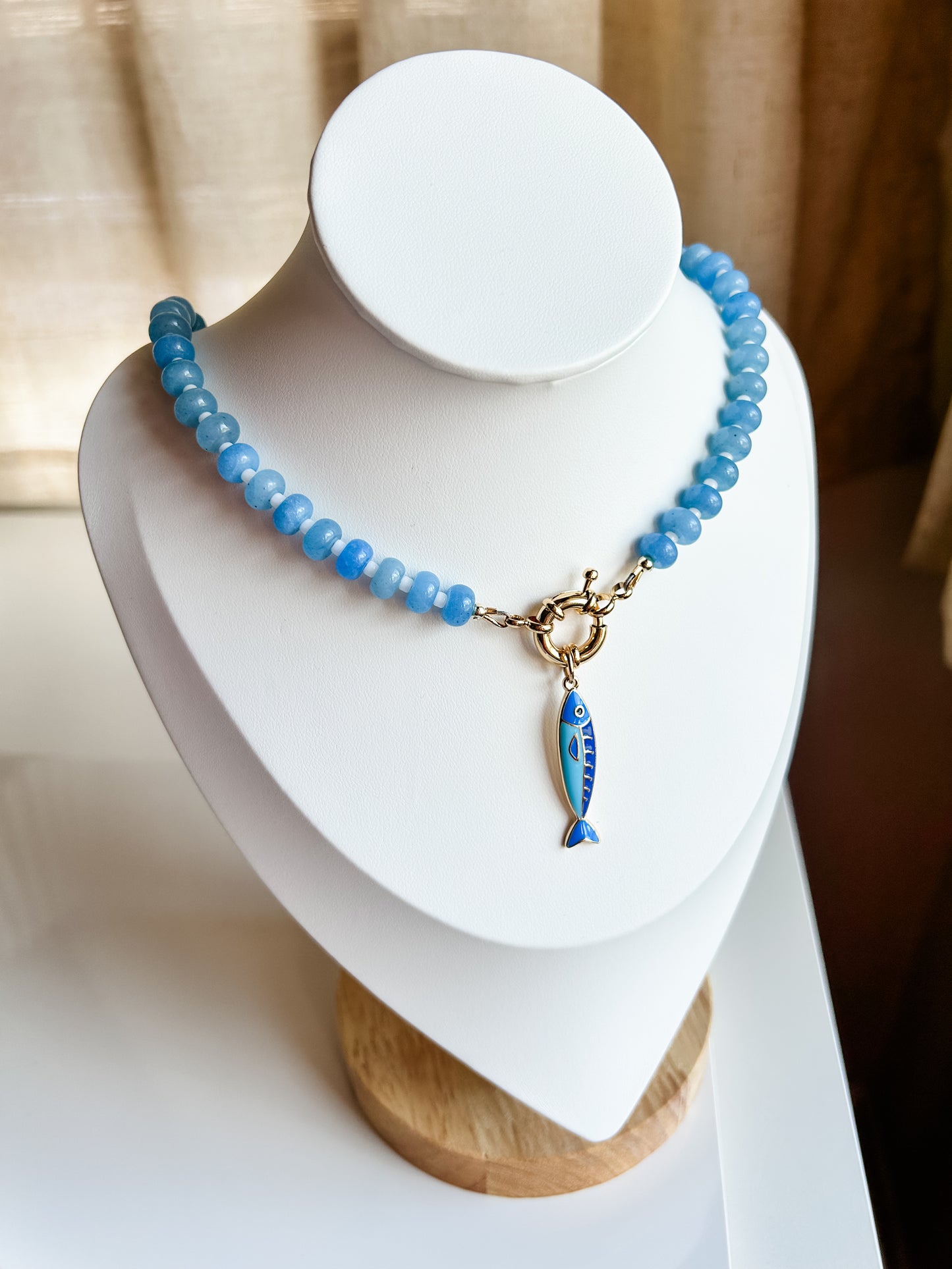 Gemstone Carabiner Necklace | Aquamarine | Blue Sardine Charm