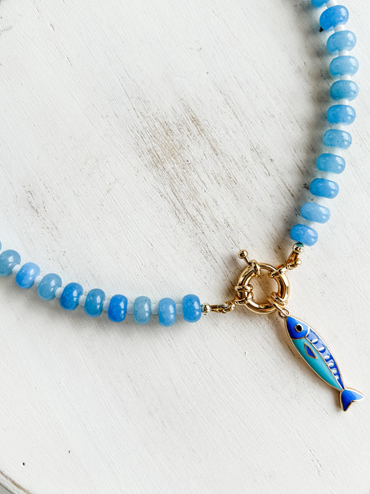 Gemstone Carabiner Necklace | Aquamarine | Blue Sardine Charm