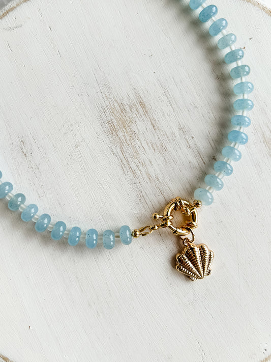 Gemstone Carabiner Necklace | Aquamarine | Seashell Charm