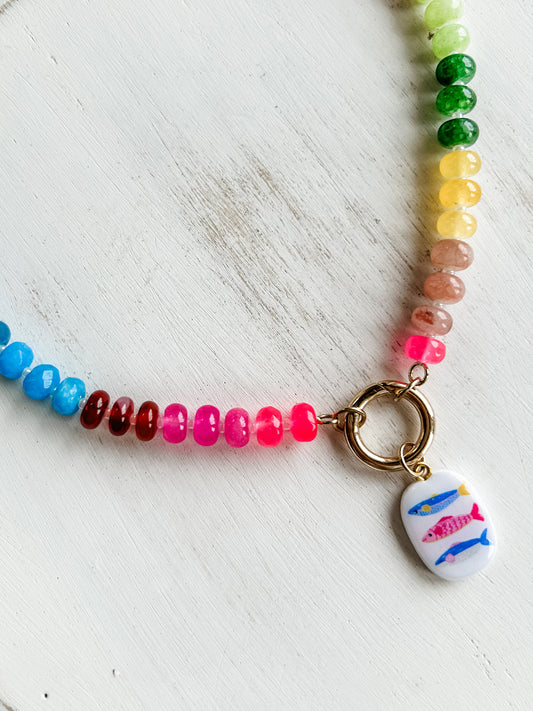 Gemstone Carabiner Necklace | Rainbow Quartz | Fish Trio Charm
