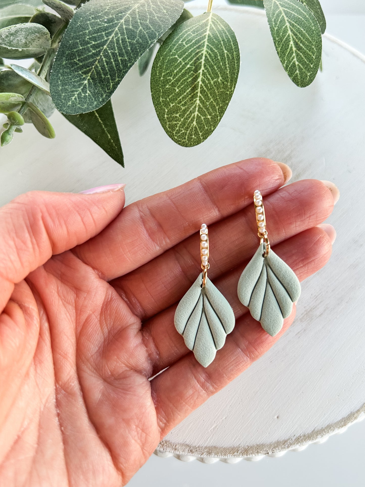 Sage Leaf Drop with Pearl Hoop