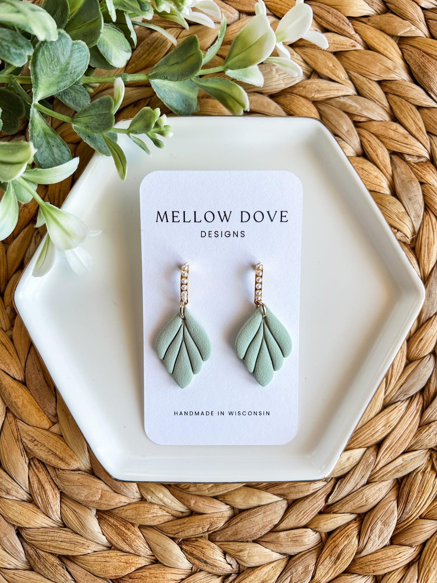 Sage Leaf Drop with Pearl Hoop
