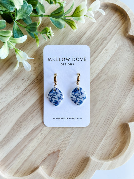 Blue Chinoiserie | Gold Hoop Earrings