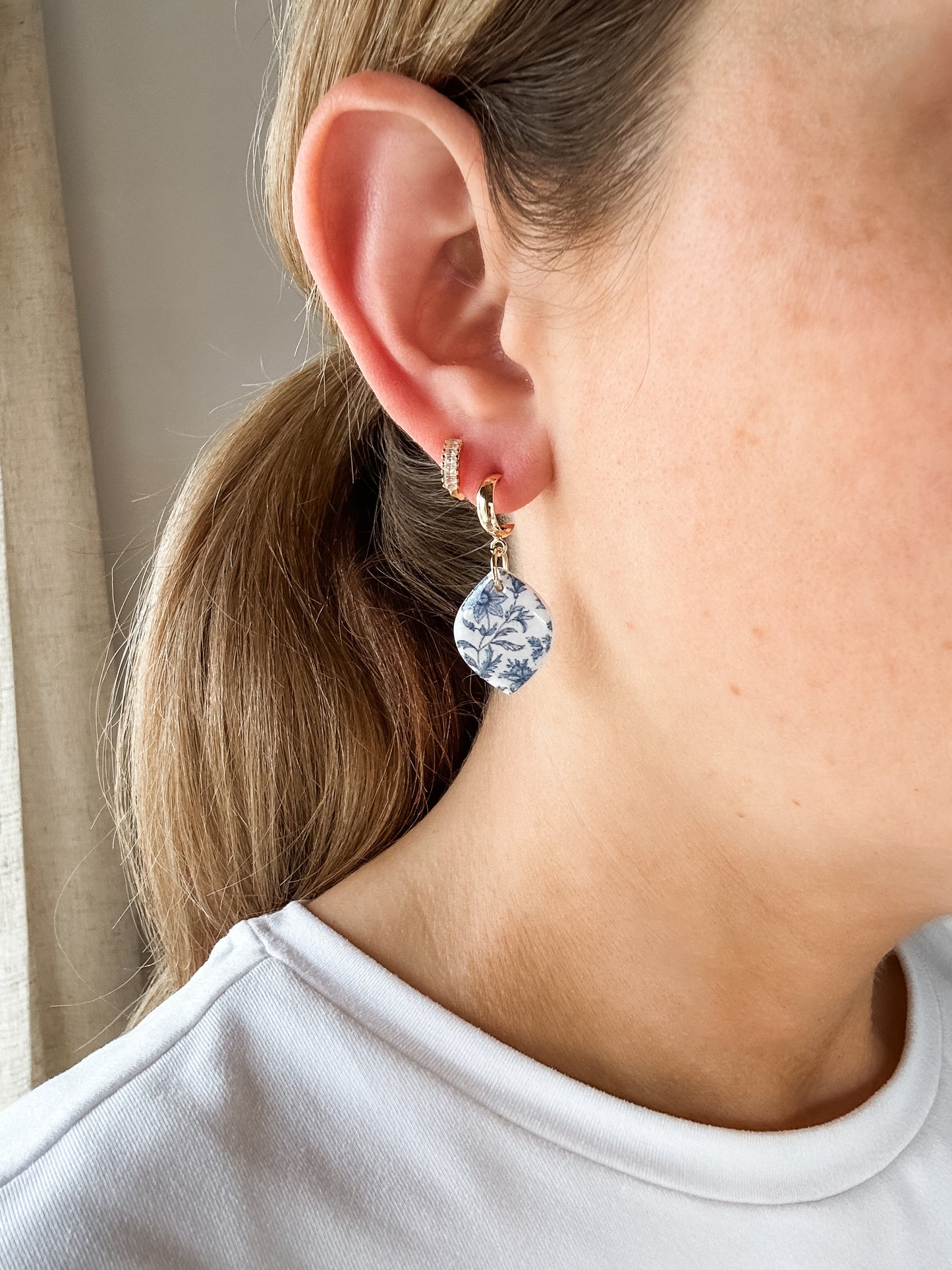 Blue Chinoiserie | Gold Hoop Earrings