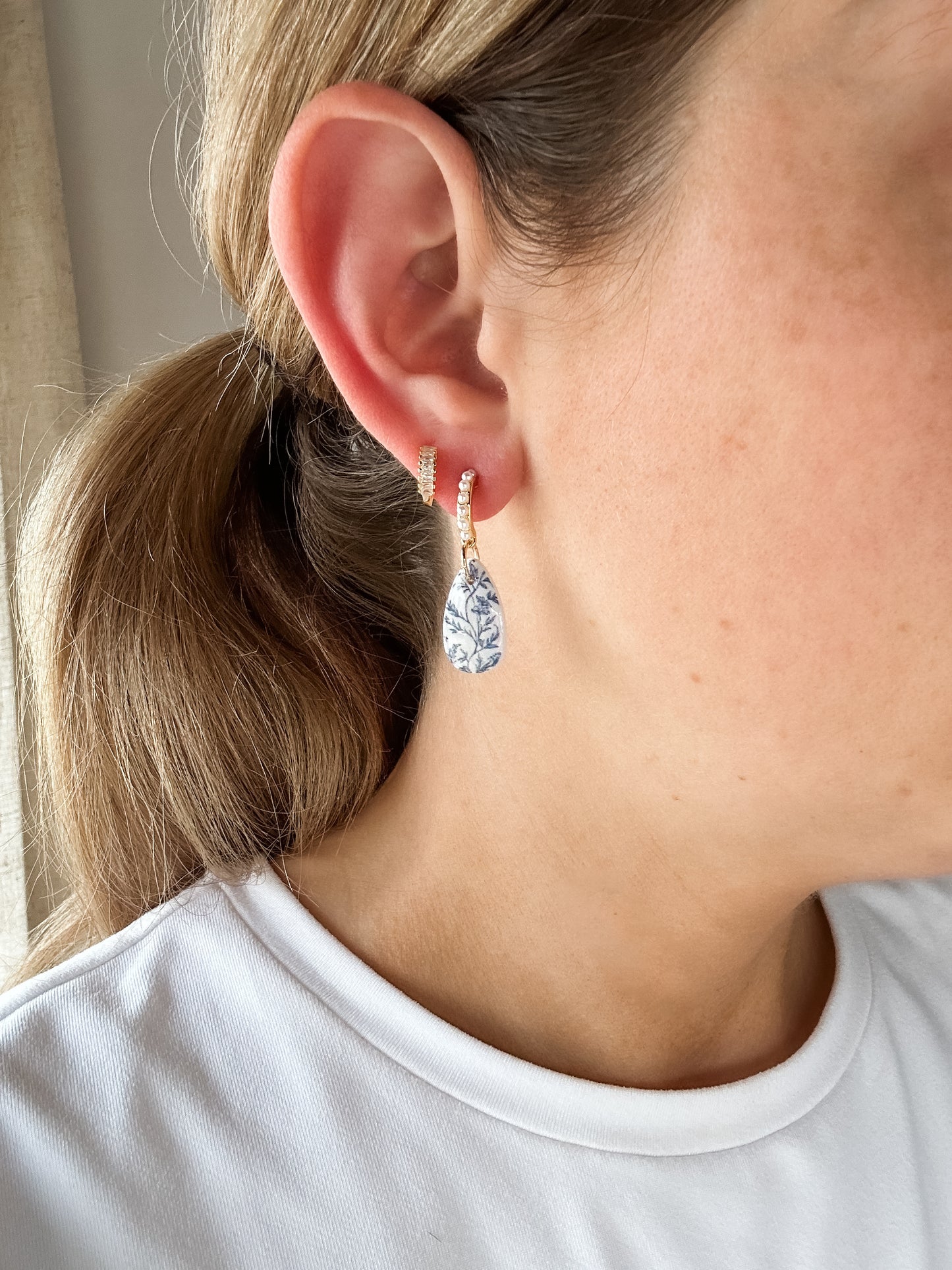 Blue Chinoiserie | Pearl Hoop Earrings